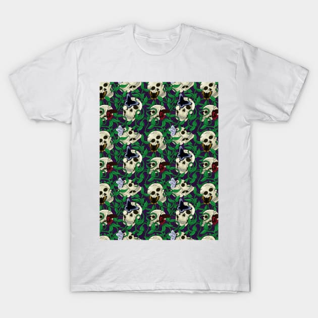 Skulls and Butterflies Spooky Pattern T-Shirt by GenAumonier